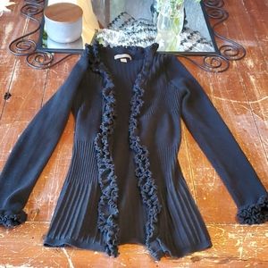 Ruffle trim black cardigan sweater